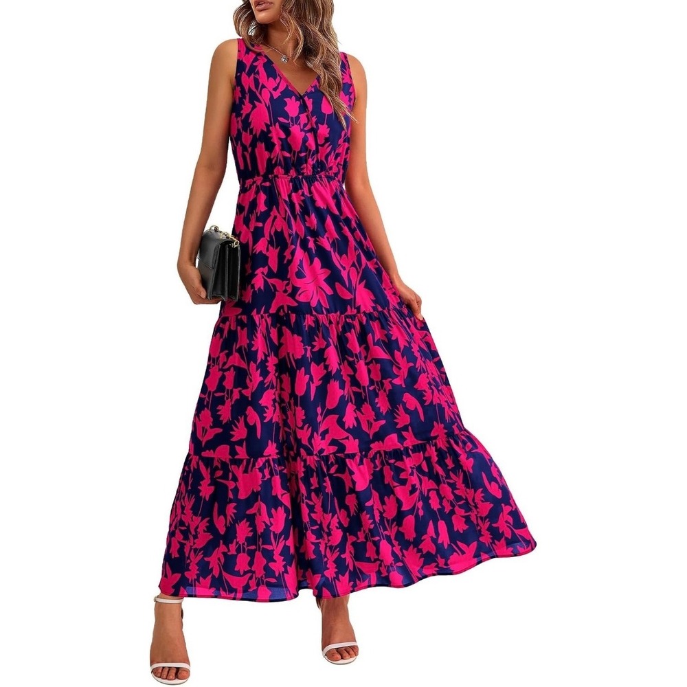 Womens Large Navy Pink Floral Maxi Dress Sleeveless V Neck Tiered NWT
